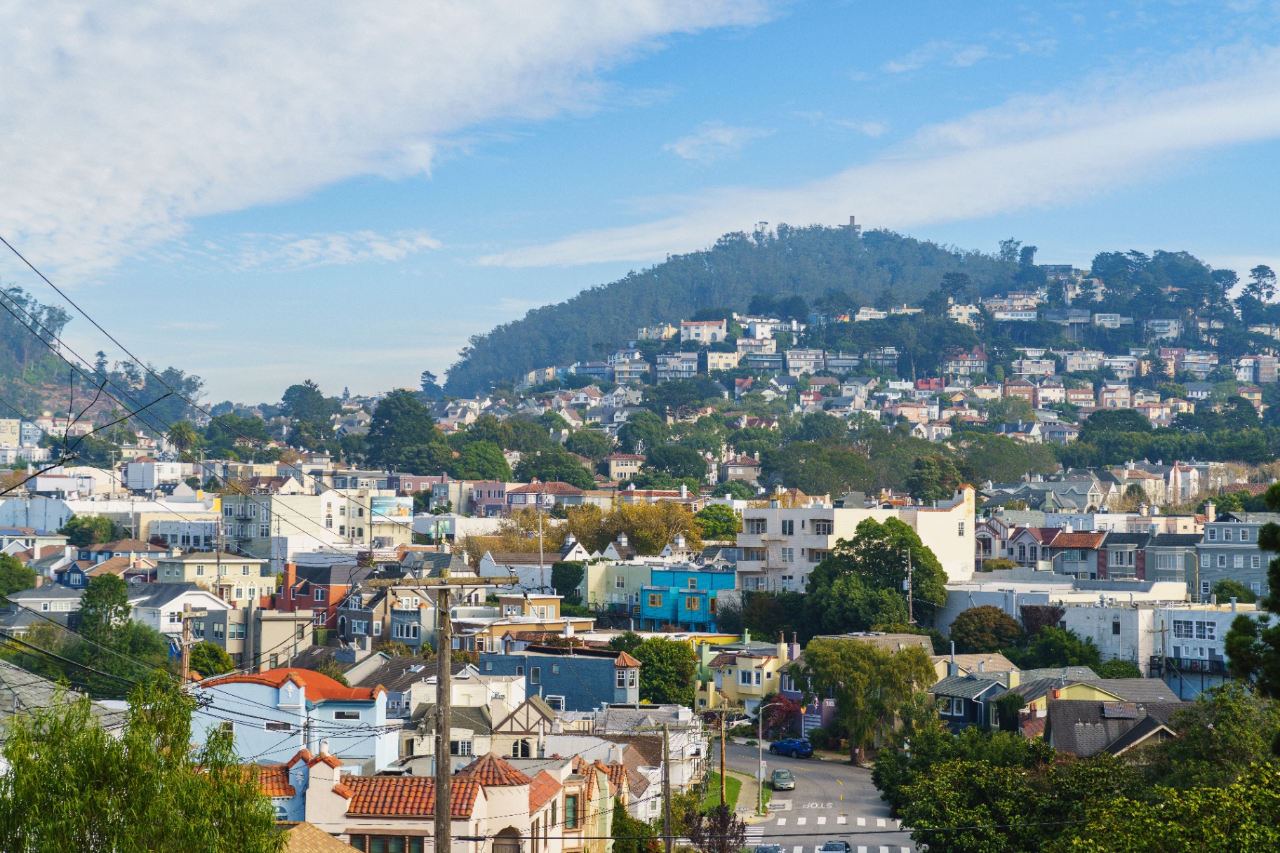 Sunny San Francisco residential hillside with pastel Edwardian and Victorian homes stepping up toward a forested peak
